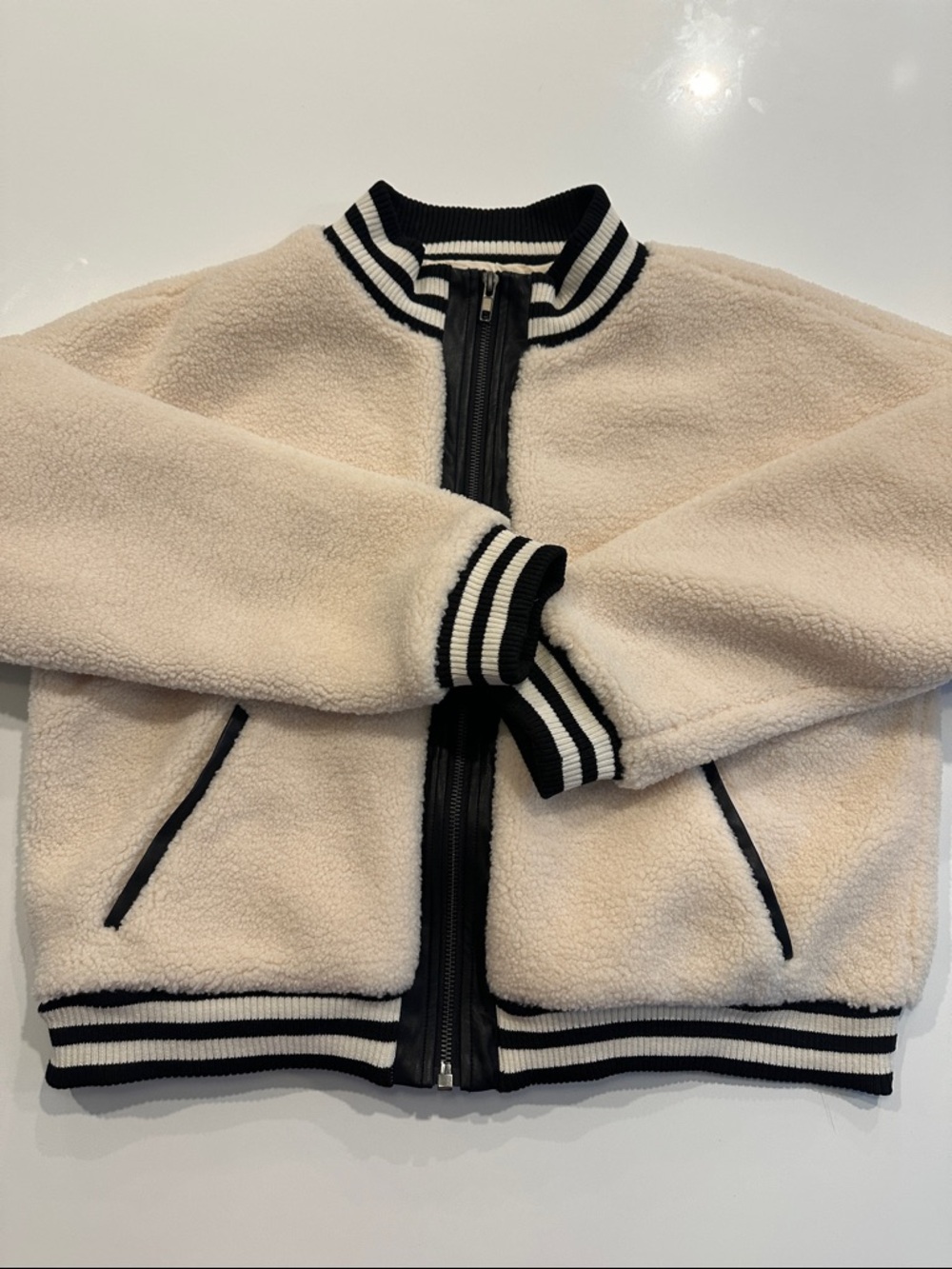 Saltwater Luxe Sherpa Varsity Bomber Jacket Cream NEW Anthropologie S